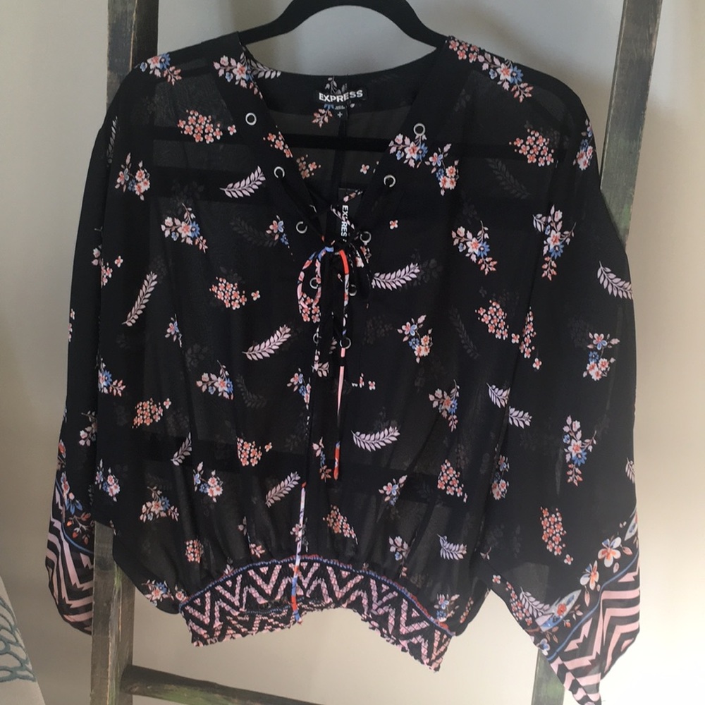 Express boho lace up sheer floral top size S